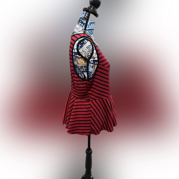 Red and Black Striped Sleeveless Peplum Tank Top - Picture 2 of 2